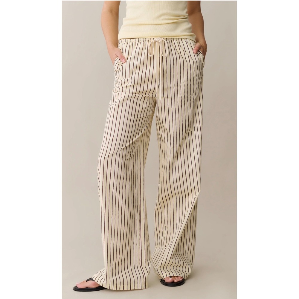 Few Moda CAARA Women Striped Cotton Wide Leg Pants Cream Brown Large NWT